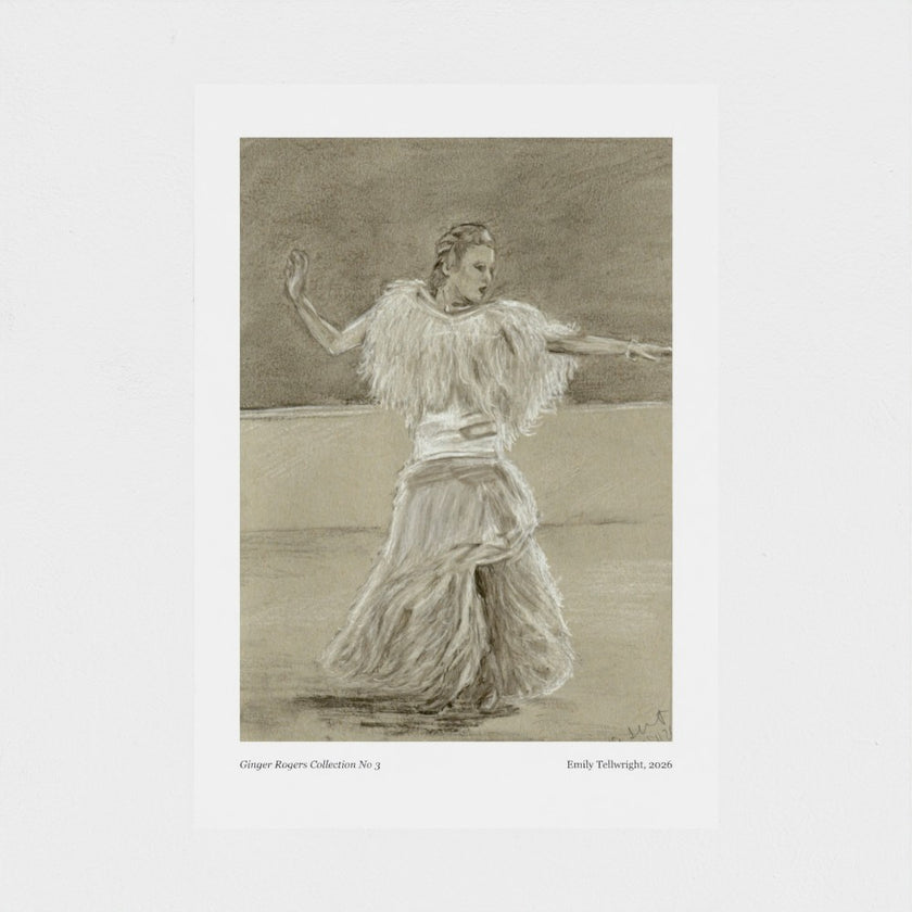 A monochrome art print featuring a sketch of a woman in a flowing dress, shown centered on a white background with small printed text below the artwork.