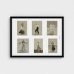 A framed vintage-style art print featuring six sepia-toned illustrations of dancers, displayed against a light grey wall.