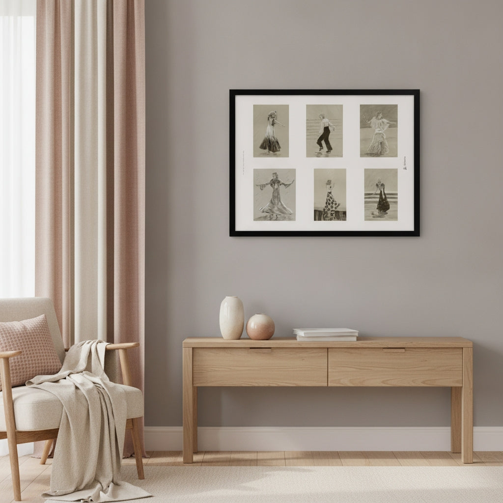 A framed wall art print featuring six vintage black-and-white illustrations of dancers, displayed in a modern living room setting above a light wood console table.