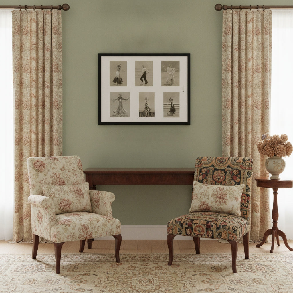 A styled interior scene with two upholstered armchairs, a long console table, patterned curtains, a framed wall print, and a side table with a vase of flowers against a sage green wall.