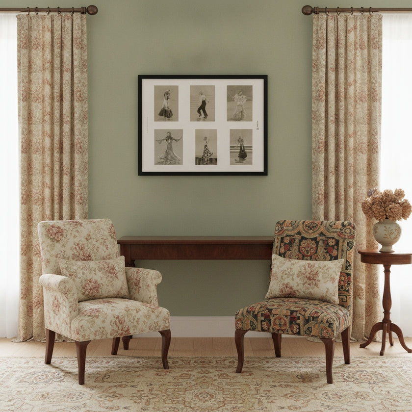 A styled interior scene with two upholstered armchairs, a long console table, patterned curtains, a framed wall print, and a side table with a vase of flowers against a sage green wall.