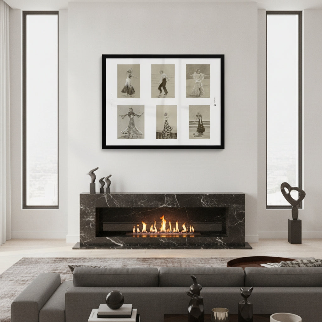 A framed six-panel vintage art print with sepia-toned figures, displayed in a black frame above a modern black marble fireplace in a bright, contemporary living room.