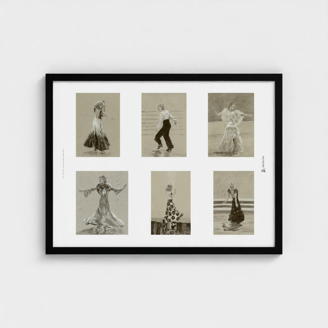 A framed vintage-style art print featuring six sepia-toned illustrations of dancers, displayed against a light grey wall.