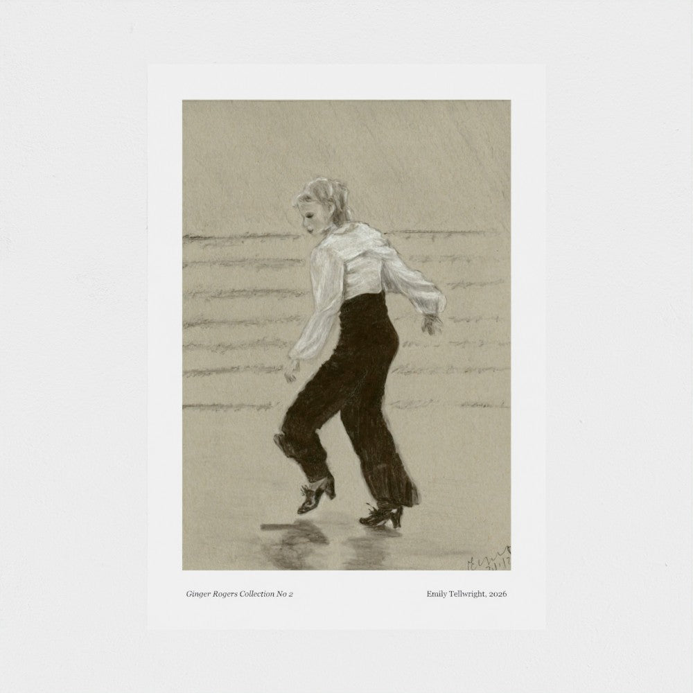 A framed art print featuring a monochrome sketch of a woman in a white blouse and dark trousers, shown against a light grey background with small caption text below the artwork.