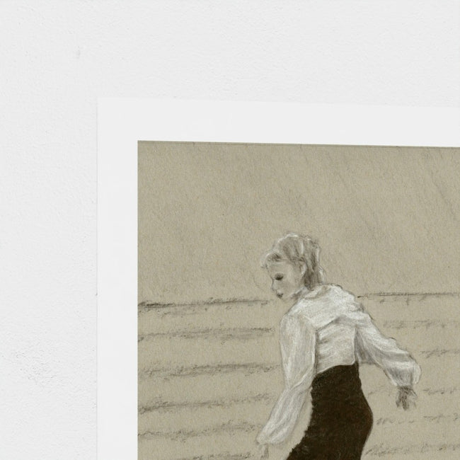 A square art print featuring a sepia-toned sketch of a woman in a white blouse and dark skirt, shown against a white background with a visible paper border.