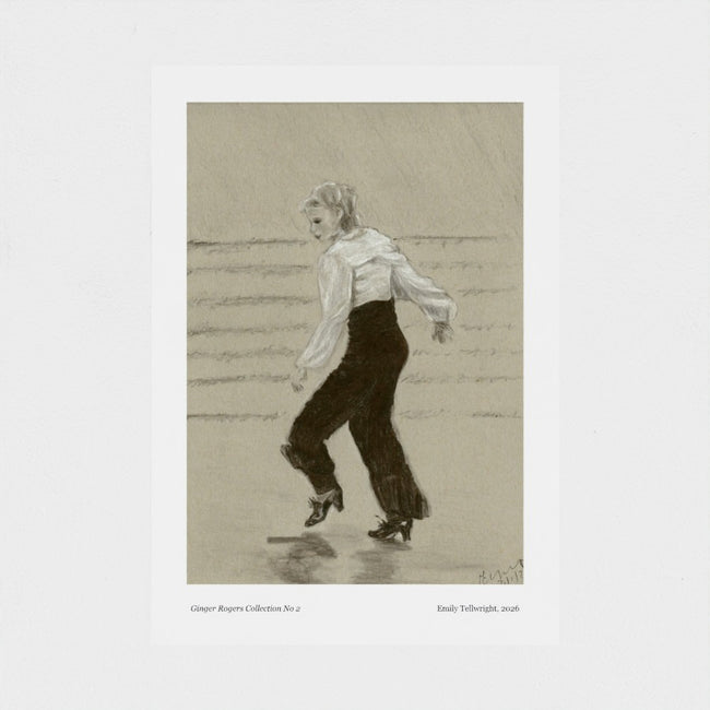 A framed art print featuring a monochrome sketch of a woman in a white blouse and dark trousers, shown against a light grey background with small caption text below the artwork.