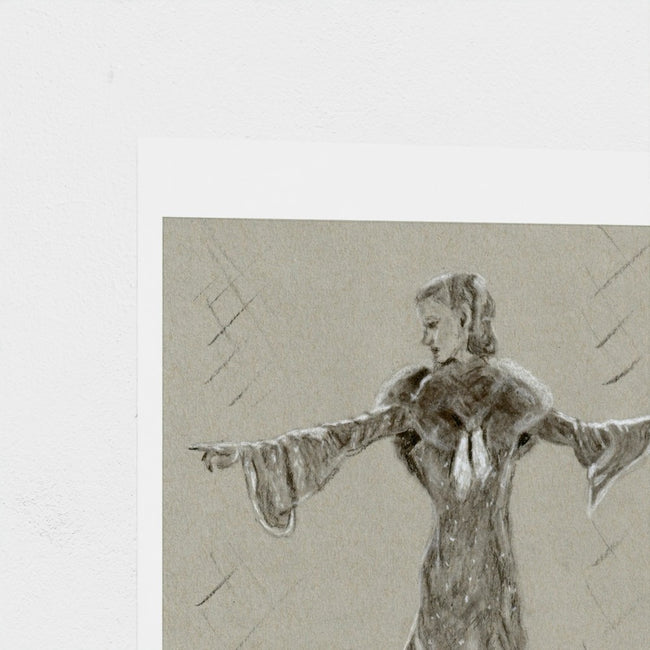 A monochrome art print featuring a sketch of a woman with outstretched arms, shown with a white border on a light textured background.
