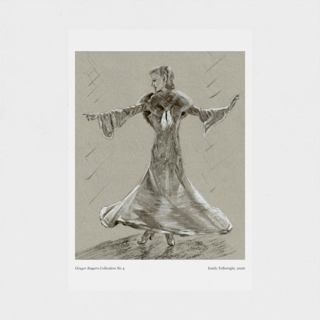 A monochrome art print featuring a sketch of a woman in a flowing dress, shown centered on a white background with a thin dark border.