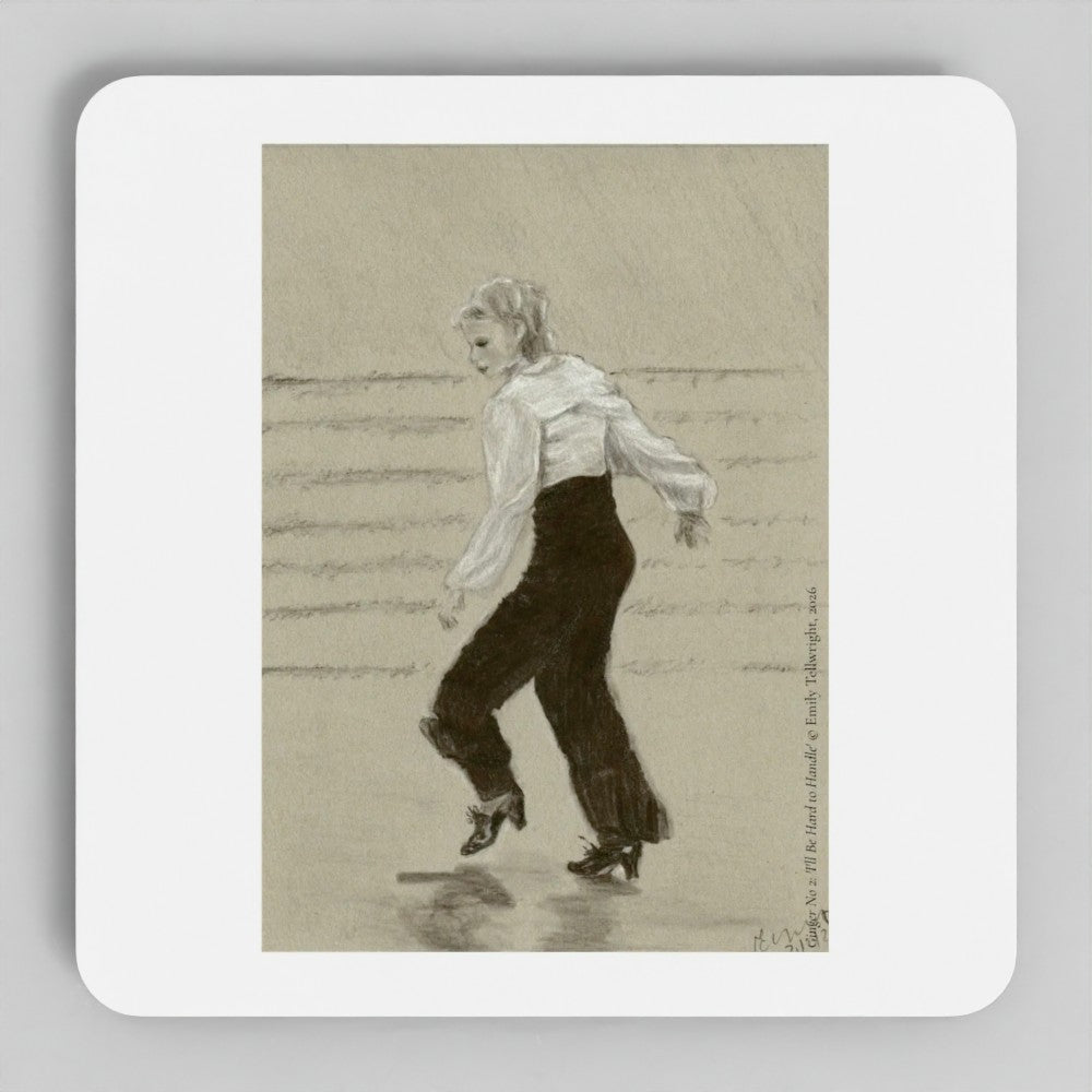 A square white coaster with rounded corners featuring a sepia-toned sketch of a woman in a white blouse and dark pants dancing, shown on a light gray background.