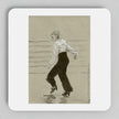 A square white coaster with rounded corners featuring a sepia-toned sketch of a woman in a white blouse and dark pants dancing, shown on a light gray background.