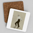 Two square cork coasters with rounded corners, one plain brown and one printed with a sepia-toned sketch of a woman in a white blouse and dark skirt, shown on a light gray background.
