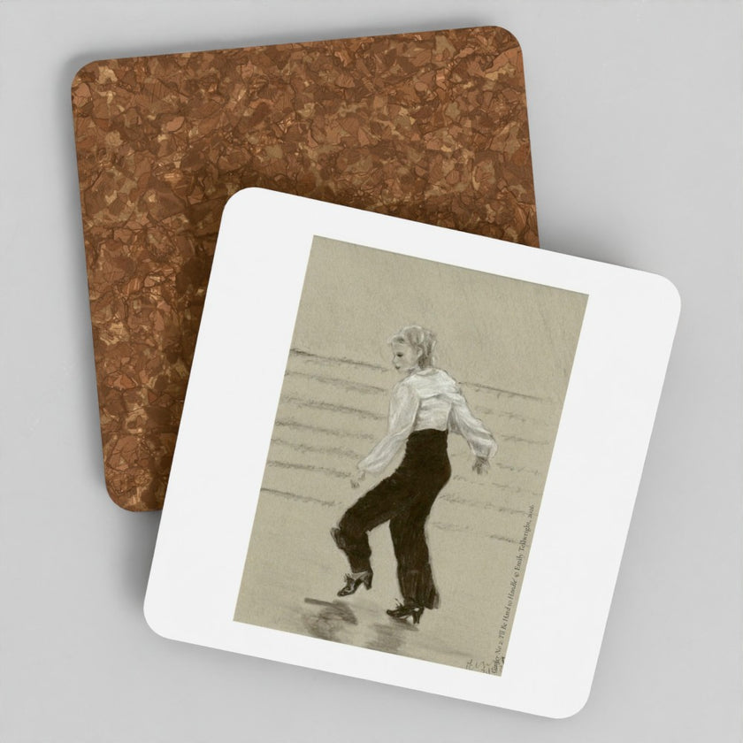 Two square cork coasters with rounded corners, one plain brown and one printed with a sepia-toned sketch of a woman in a white blouse and dark skirt, shown on a light gray background.