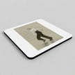 A square coaster  with rounded corners, featuring a vintage-style sepia-toned illustration of a person dancing, shown on a neutral grey background.