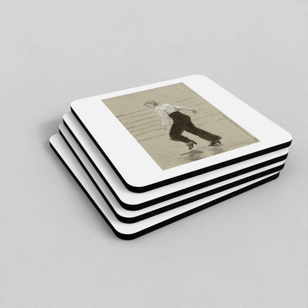 A stack of square coasters with rounded corners, featuring a vintage-style sepia-toned photograph of a woman dancing. The coasters have white borders and black edges, shown on a neutral light gray background.