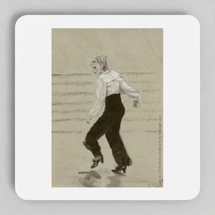 A square white coaster with rounded corners featuring a sepia-toned sketch of a woman in a white blouse and dark pants dancing, shown on a light gray background.