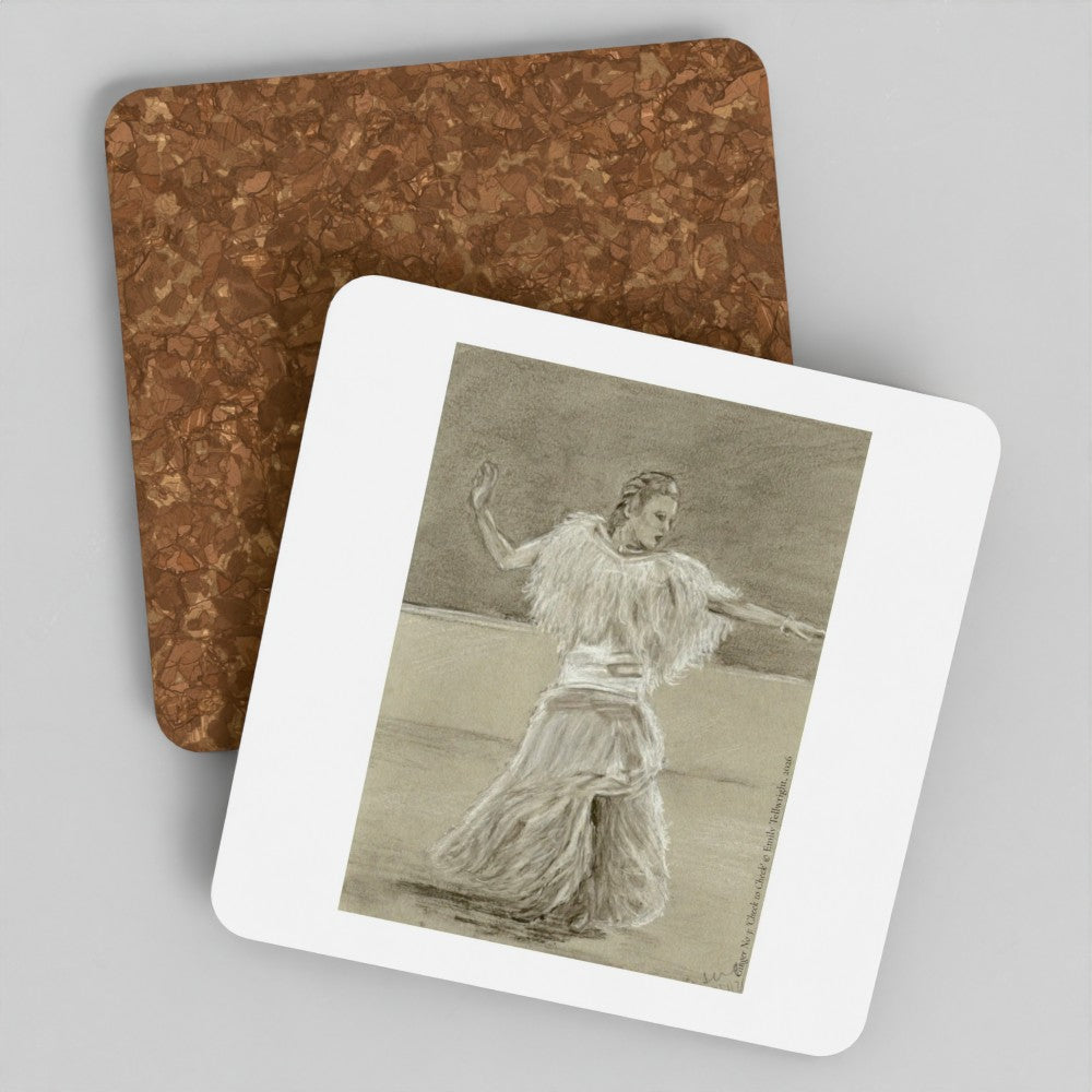 Two square cork coasters with rounded corners, one plain brown and one printed with a sepia-toned sketch of a dancer, shown on a light gray background.