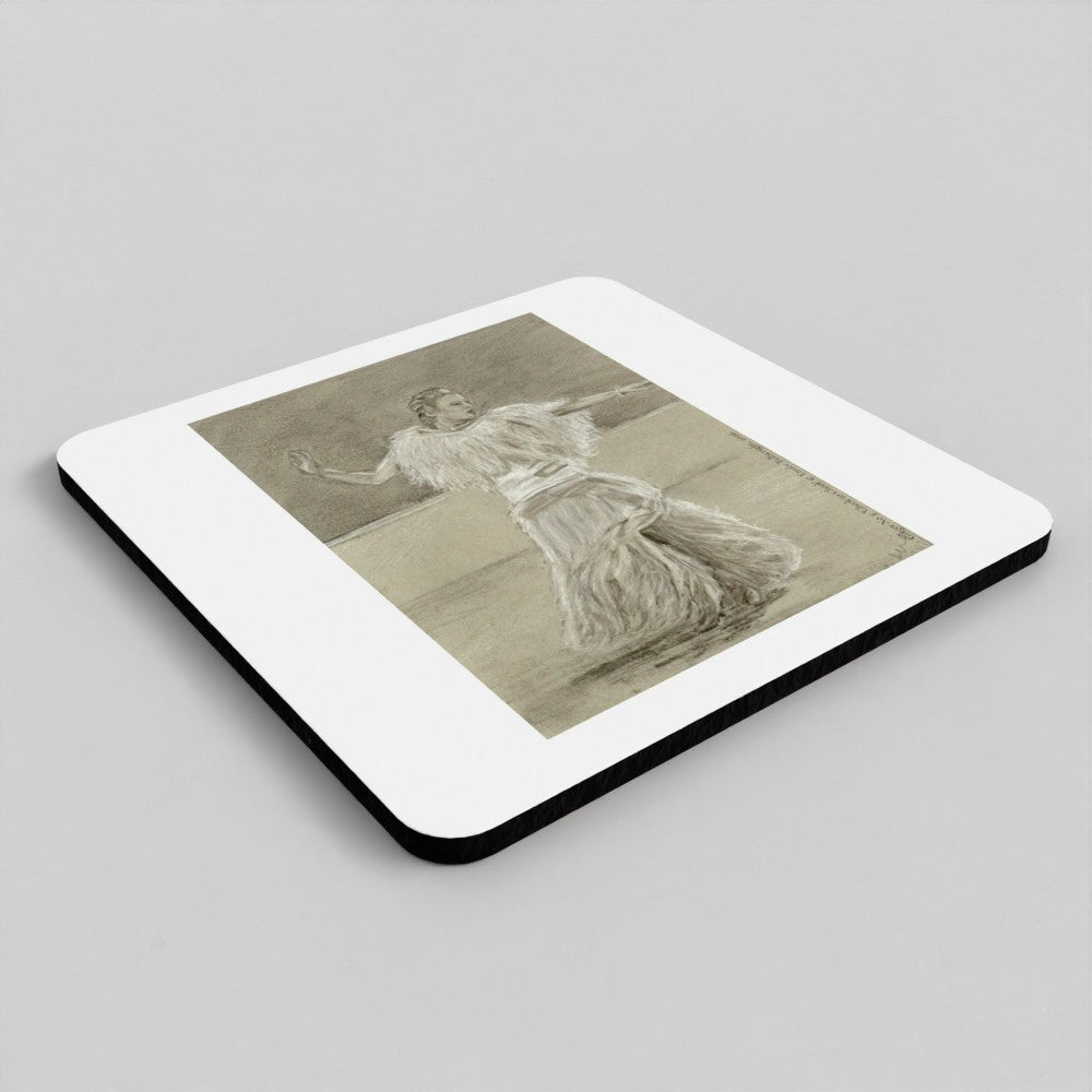 A square coaster with rounded corners, featuring a vintage sepia-toned sketch of a dancing woman on a white background with a black border, shown on a neutral gray surface.