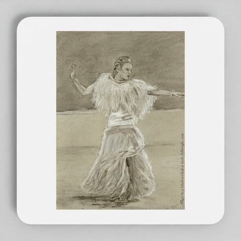 A square white coaster with rounded corners featuring a sepia-toned sketch of a woman dancing, shown against a light gray background.