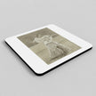 A square coaster with rounded corners, featuring a vintage sepia-toned sketch of a dancing woman on a white background with a black border, shown on a neutral gray surface.