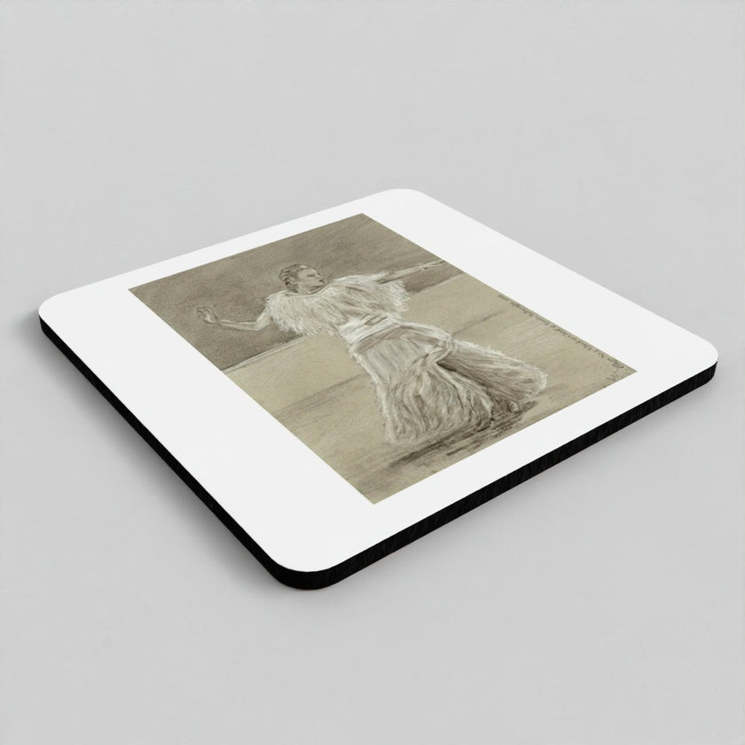 A square coaster with rounded corners, featuring a vintage sepia-toned sketch of a dancing woman on a white background with a black border, shown on a neutral gray surface.