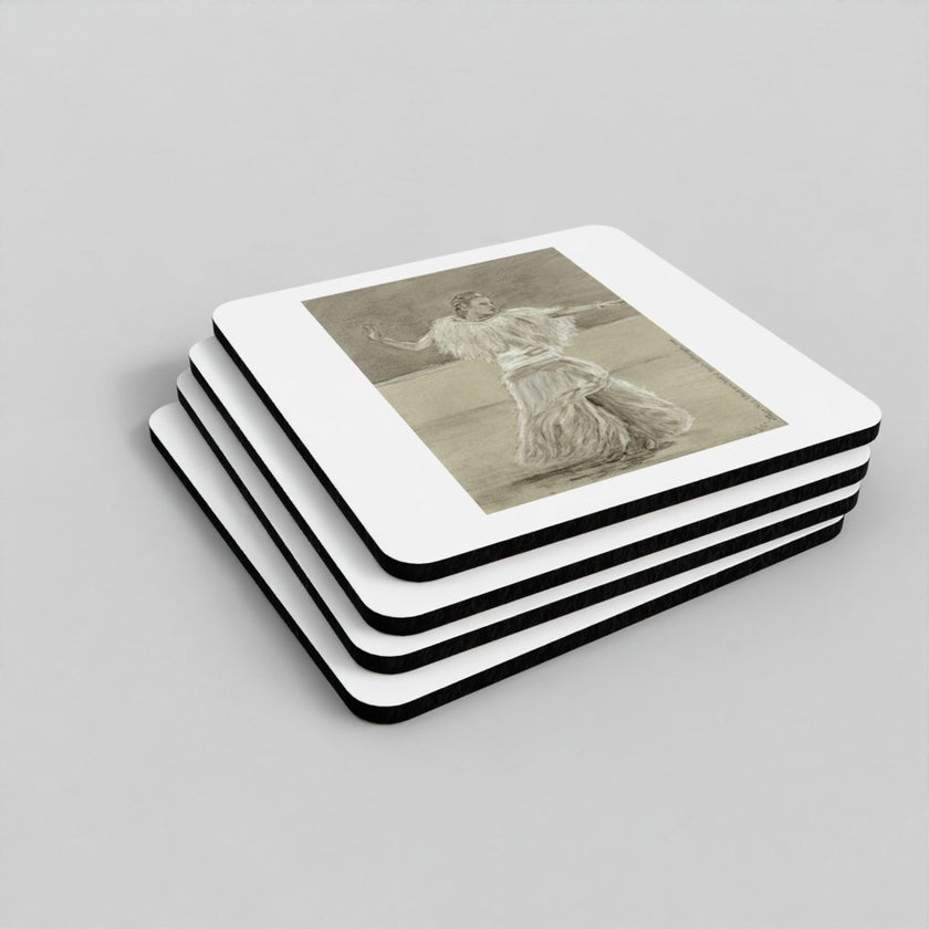 A stack of square coasters with rounded corners, featuring a vintage sepia-toned illustration of a woman on the top coaster, shown on a light gray background.