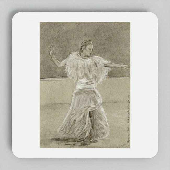 A square white coaster with rounded corners featuring a sepia-toned sketch of a woman dancing, shown against a light gray background.