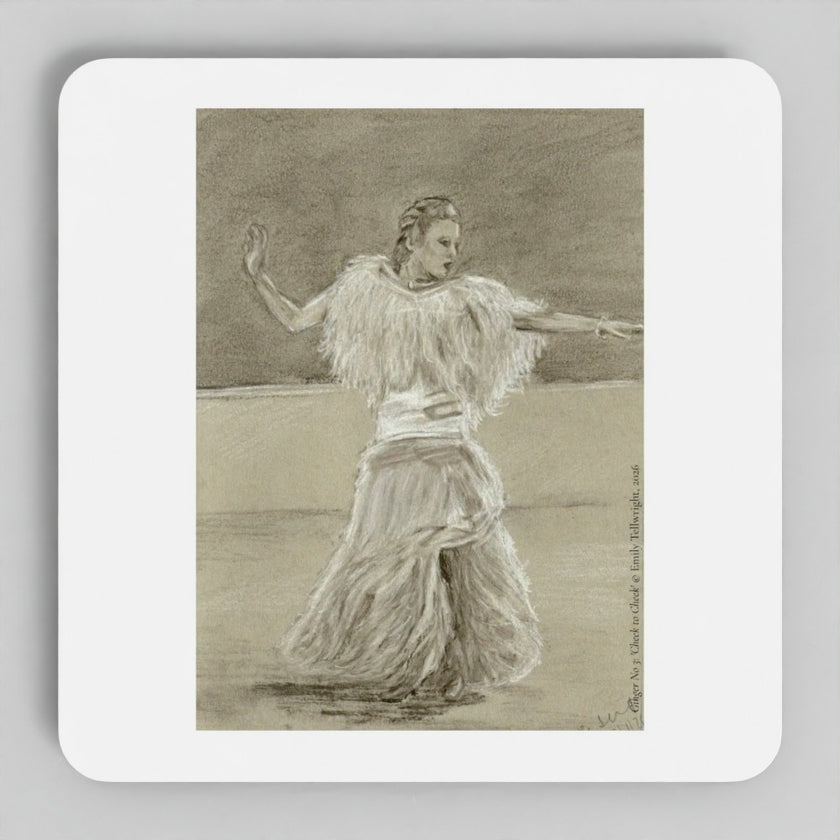 A square white coaster with rounded corners featuring a sepia-toned sketch of a woman dancing, shown against a light gray background.