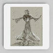 A square coaster with rounded corners featuring a sepia-toned sketch of a woman in a flowing dress, shown on a light gray background.