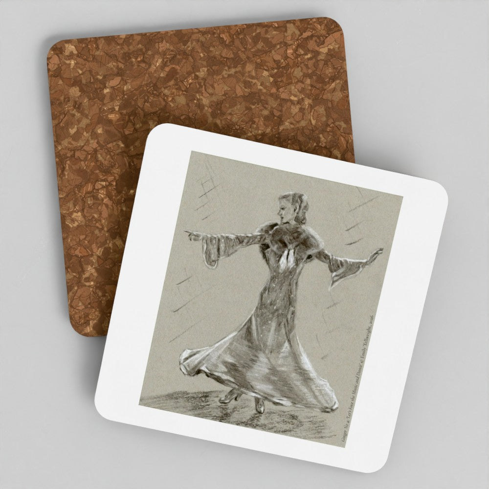 Two square coasters on a light gray background, one showing a brown cork-like textured surface and the other displaying a white border with a sepia-toned sketch of a woman in a flowing dress.
