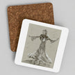 Two square coasters on a light gray background, one showing a brown cork-like textured surface and the other displaying a white border with a sepia-toned sketch of a woman in a flowing dress.