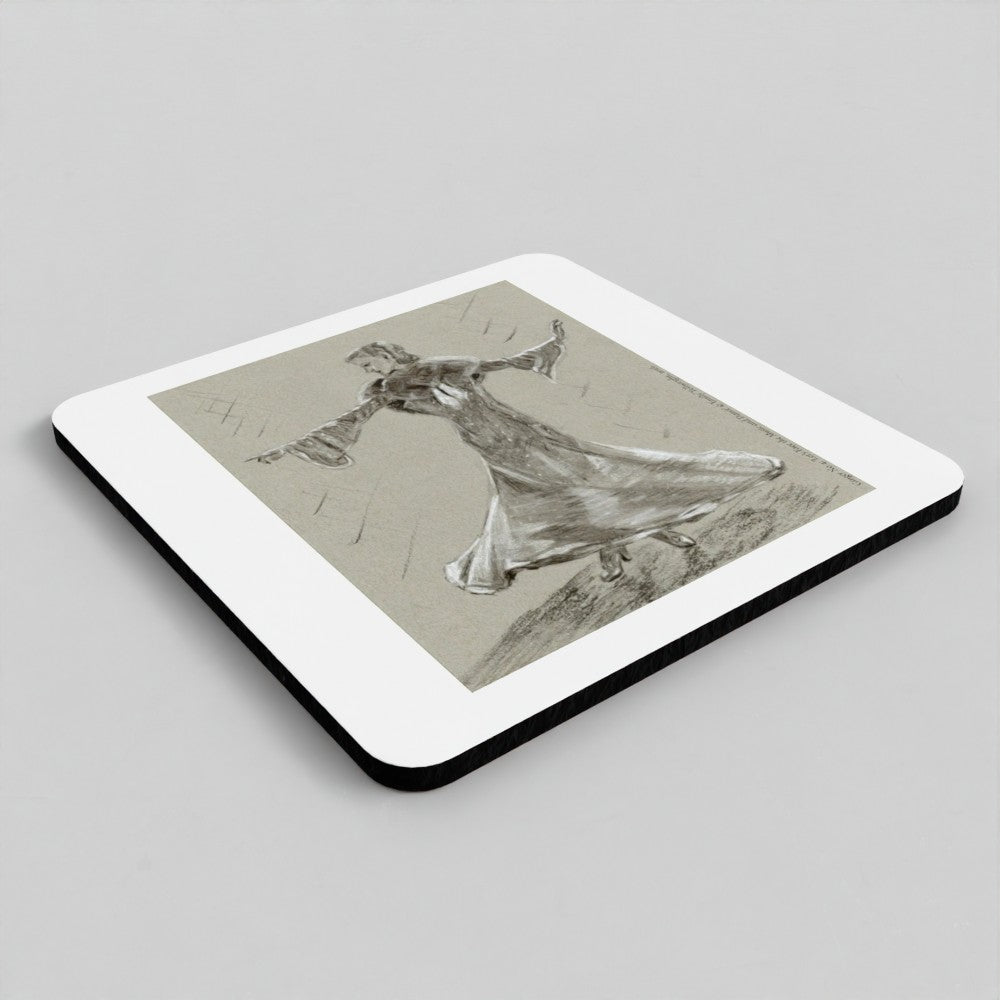 A square coaster with rounded corners featuring a sepia-toned sketch of a dancing figure, shown on a neutral light gray background.