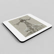 A square coaster with rounded corners featuring a sepia-toned sketch of a dancing figure, shown on a neutral light gray background.
