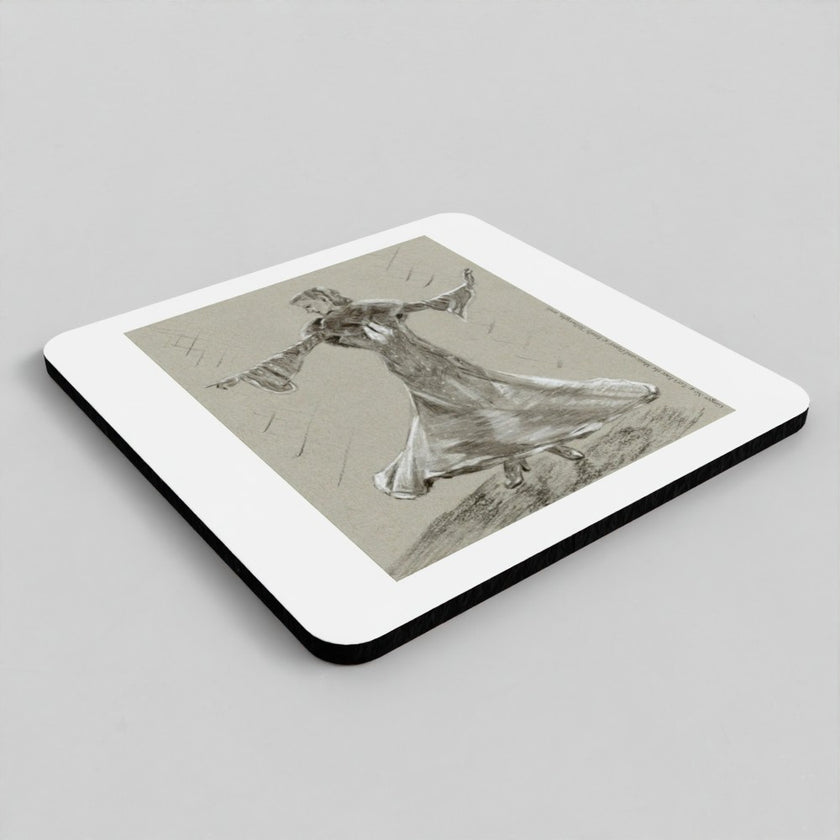 A square coaster with rounded corners featuring a sepia-toned sketch of a dancing figure, shown on a neutral light gray background.
