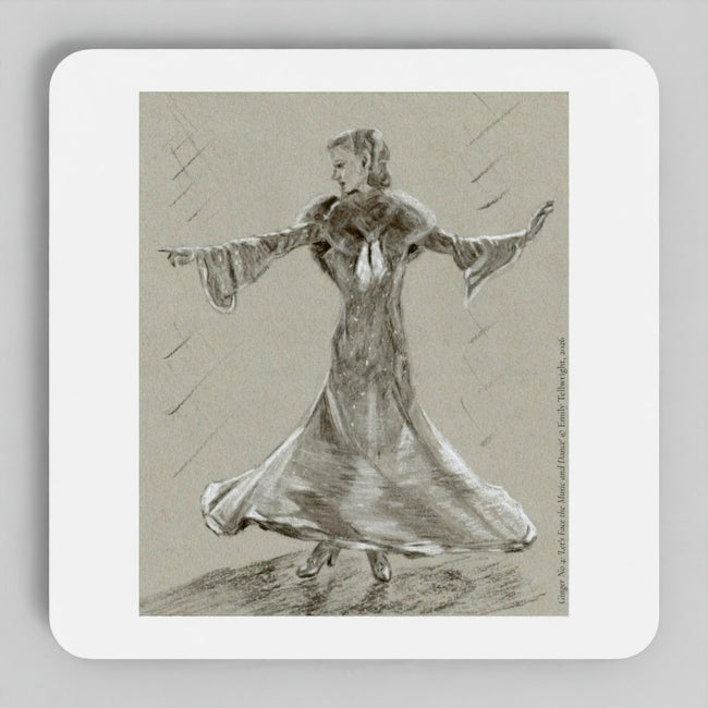 A square coaster with rounded corners featuring a sepia-toned sketch of a woman in a flowing dress, shown on a light gray background.