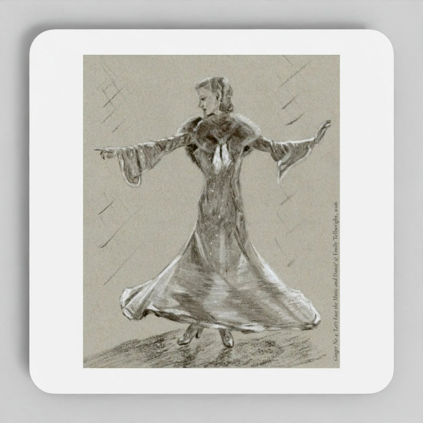A square coaster with rounded corners featuring a sepia-toned sketch of a woman in a flowing dress, shown on a light gray background.