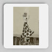 A square white coaster with rounded corners featuring a vintage-style sepia-toned illustration of a woman in a floral dress dancing.