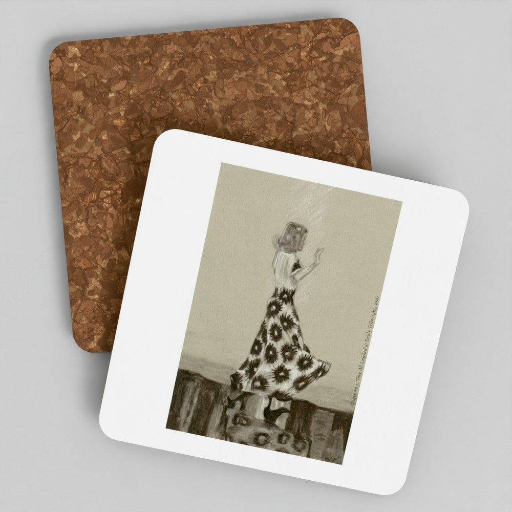 Two square cork coasters with rounded corners, one plain brown and one printed with a sepia-toned illustration of a woman in a floral dress, shown on a light grey background.