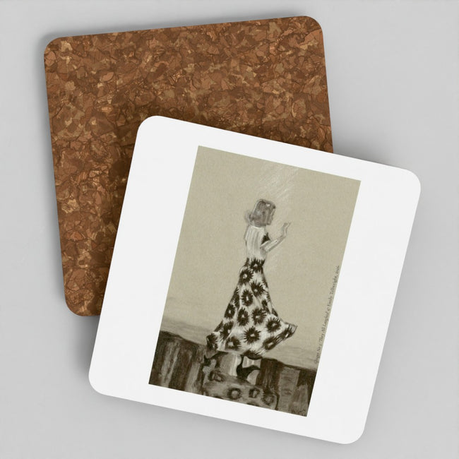 Two square cork coasters with rounded corners, one plain brown and one printed with a sepia-toned illustration of a woman in a floral dress, shown on a light grey background.