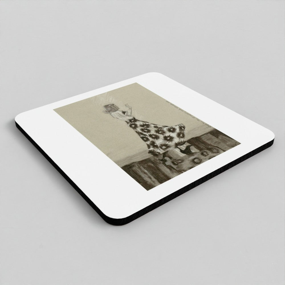 A square white coaster with rounded corners and a black edge, featuring a vintage-style sepia-toned illustration of a woman in a patterned dress on a light grey background.