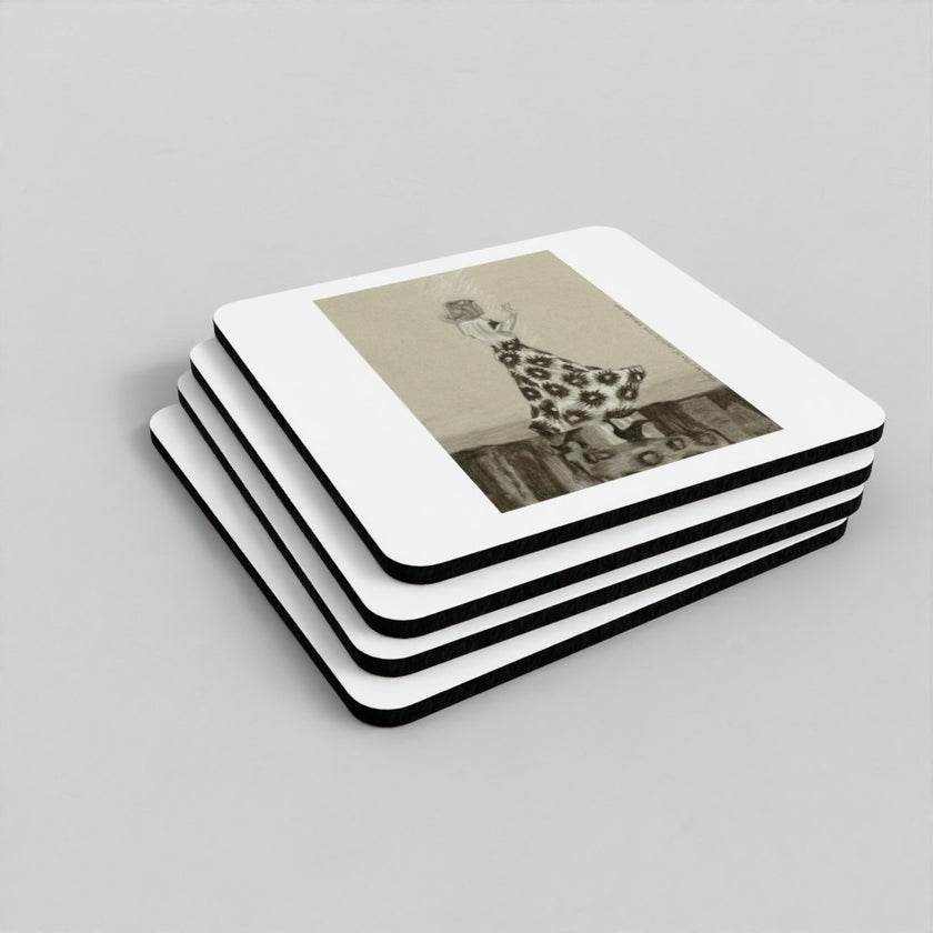 A stack of square white coasters with rounded corners, featuring a vintage-style sepia-toned illustration of a woman in a patterned dress on the top coaster, shown on a light grey background.