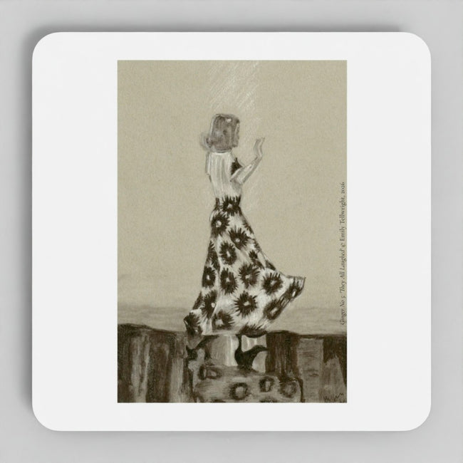 A square white coaster with rounded corners featuring a vintage-style sepia-toned illustration of a woman in a floral dress dancing.