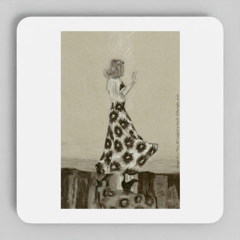 A square white coaster with rounded corners featuring a vintage-style sepia-toned illustration of a woman in a floral dress dancing.