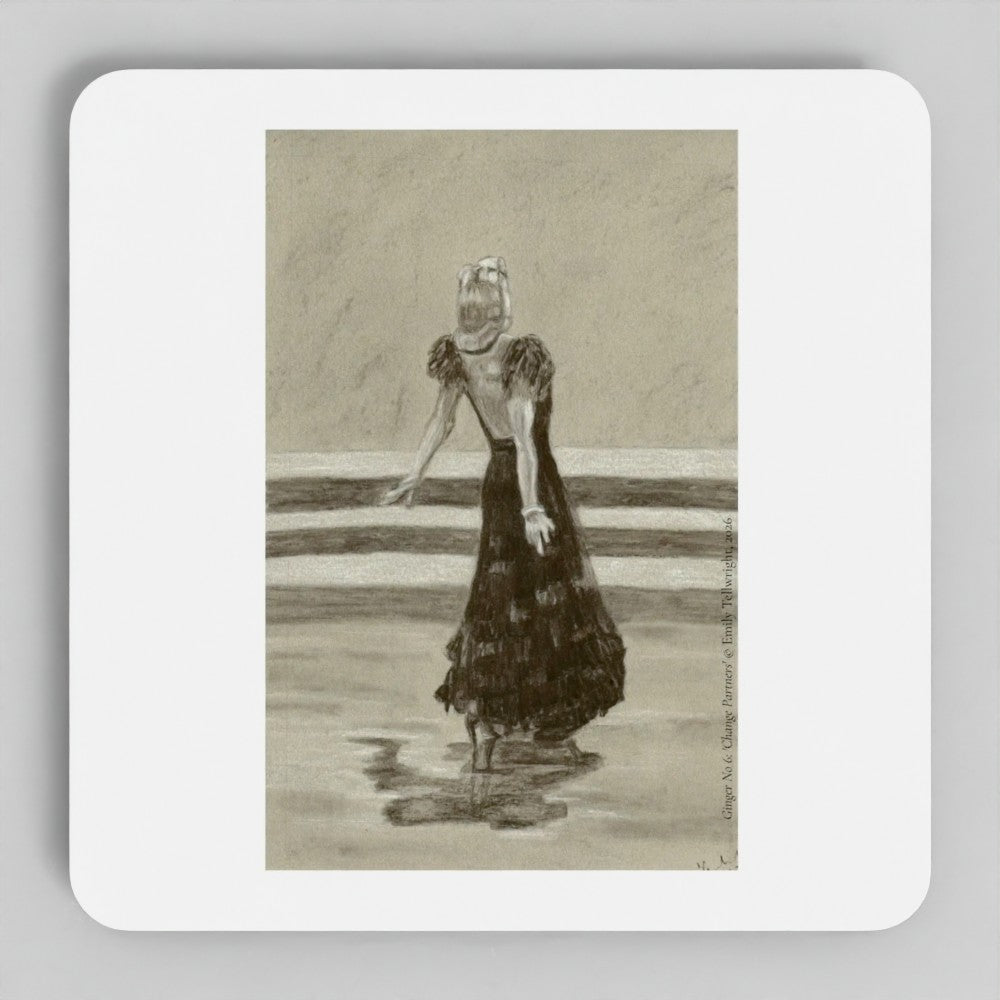 A square white coaster with rounded corners featuring a sepia-toned vintage illustration of a woman in a long dark dress standing in shallow water.