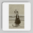 A square white coaster with rounded corners featuring a sepia-toned vintage illustration of a woman in a long dark dress standing in shallow water.