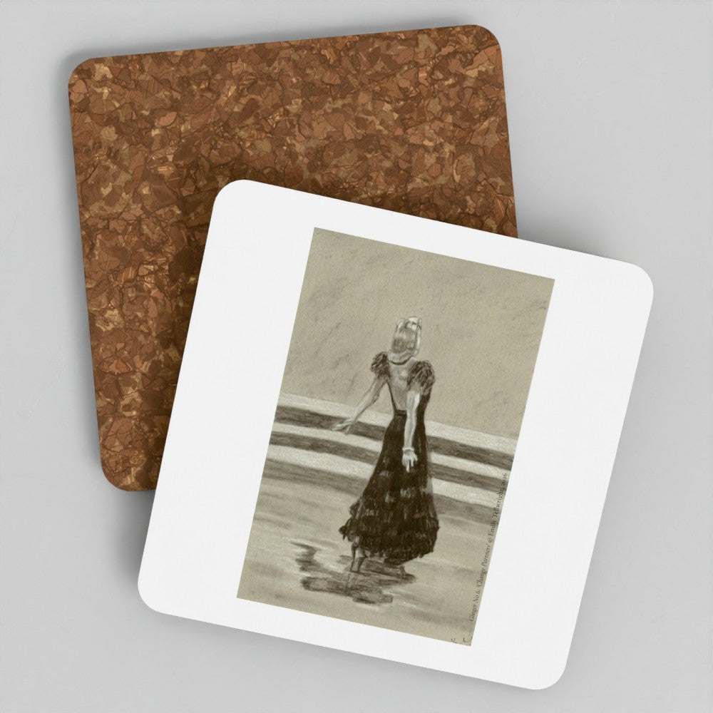 Two square coasters on a light grey background, one showing the brown cork backing and the other showing a white top printed with a sepia-toned illustration of a woman in a long dark dress.
