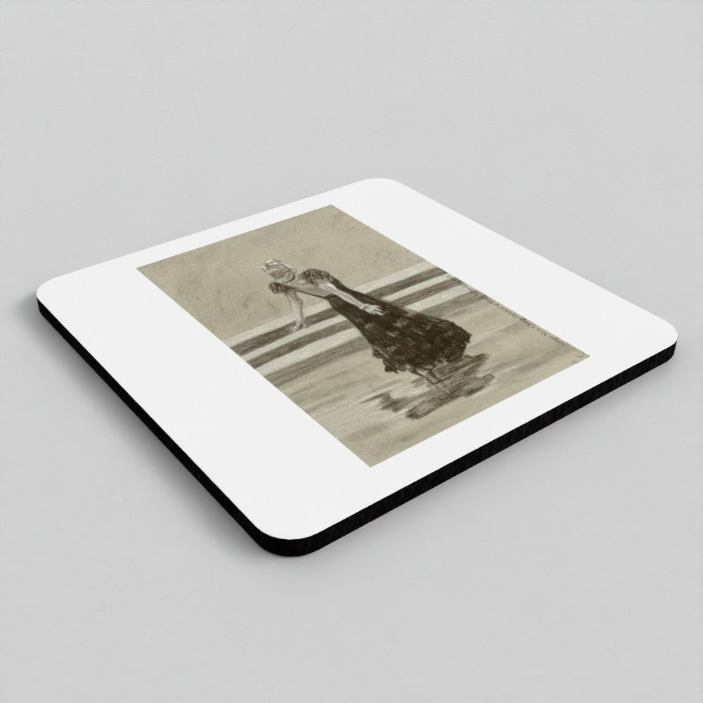 A square white coaster with rounded corners and a black edge, featuring a sepia-toned vintage illustration of a woman in a long dark dress standing in water, shown on a light grey background.