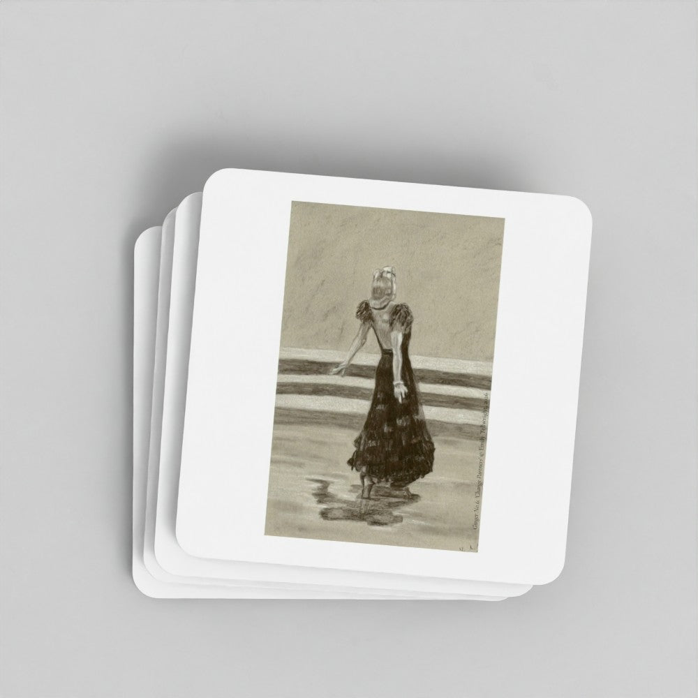 A stack of square white coasters with rounded corners, each printed with a sepia-toned vintage illustration of a woman in a long dark dress.