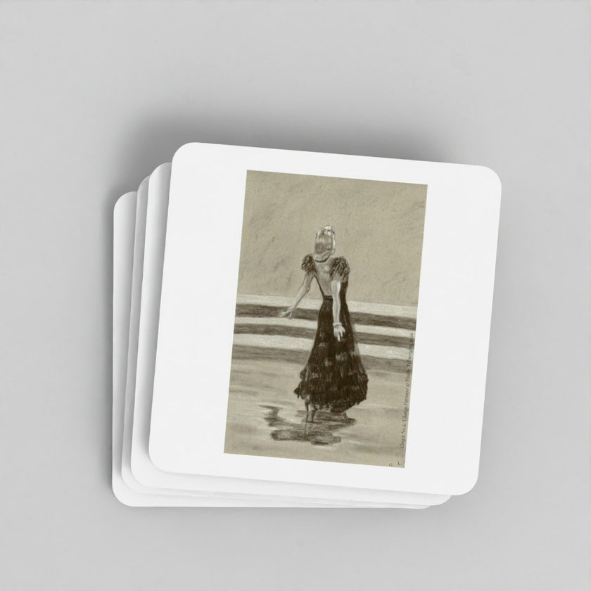 A stack of square white coasters with rounded corners, each printed with a sepia-toned vintage illustration of a woman in a long dark dress.