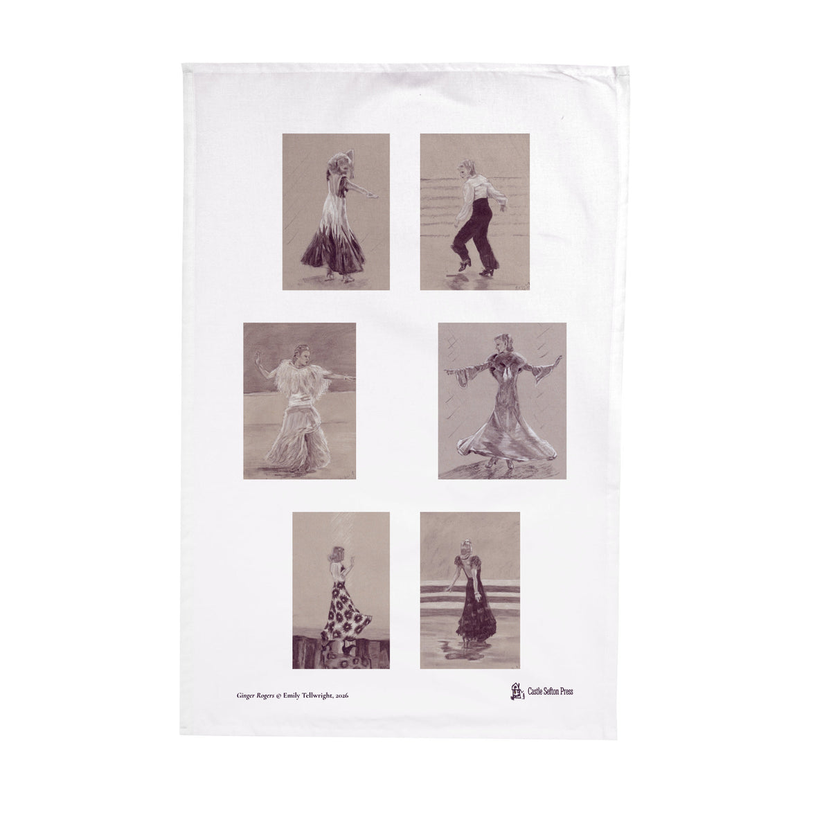 A white tea towel with six sepia drawings of a woman in evening dresses dancing