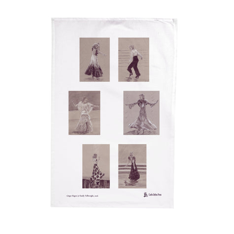 A white tea towel with six sepia drawings of a woman in evening dresses dancing